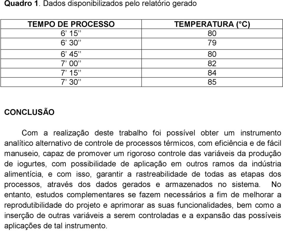 instrumento analítico alternativo de controle de processos térmicos, com eficiência e de fácil manuseio, capaz de promover um rigoroso controle das variáveis da produção de iogurtes, com