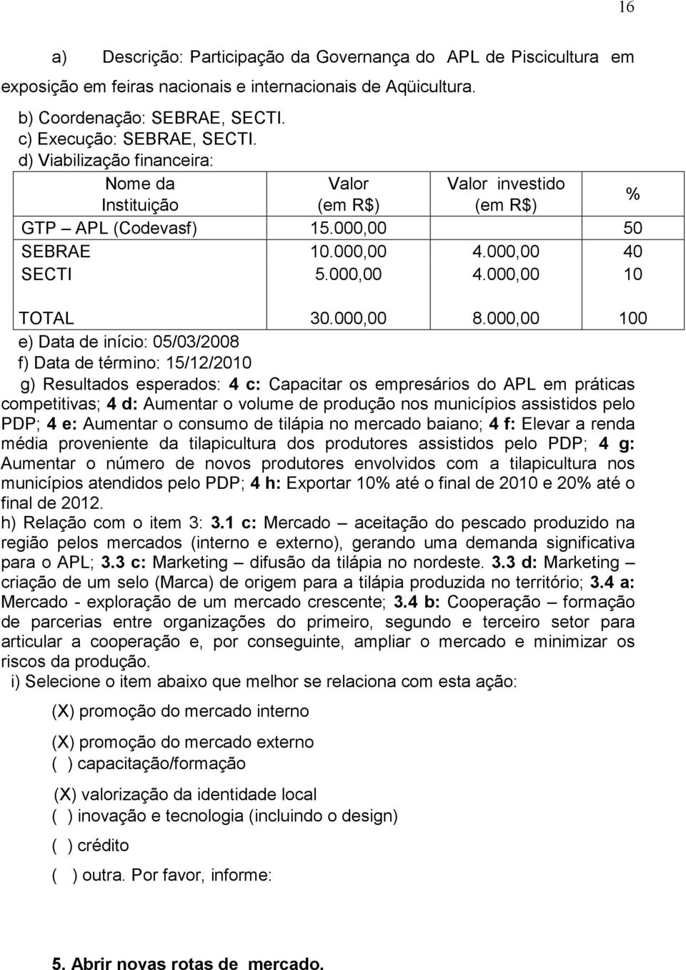 000,00 100 e) Data de início: 05/03/2008 f) Data de término: 15/12/2010 g) Resultados esperados: 4 c: Capacitar os empresários do APL em práticas competitivas; 4 d: Aumentar o volume de produção nos