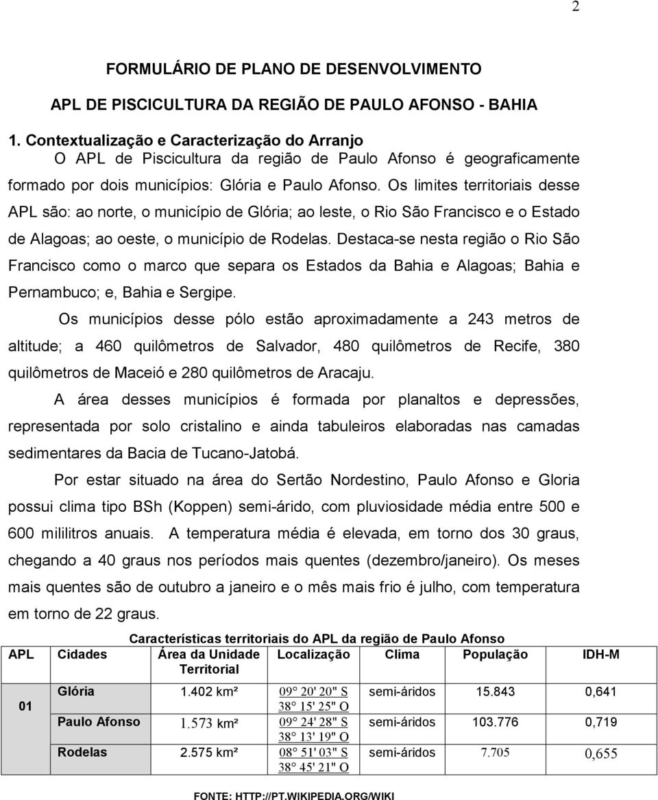 Os limites territoriais desse APL são: ao norte, o município de Glória; ao leste, o Rio São Francisco e o Estado de Alagoas; ao oeste, o município de Rodelas.