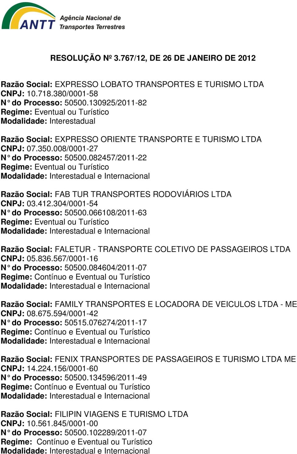 066108/2011-63 Razão Social: FALETUR - TRANSPORTE COLETIVO DE PASSAGEIROS LTDA CNPJ: 05.836.567/0001-16 N do Processo: 50500.