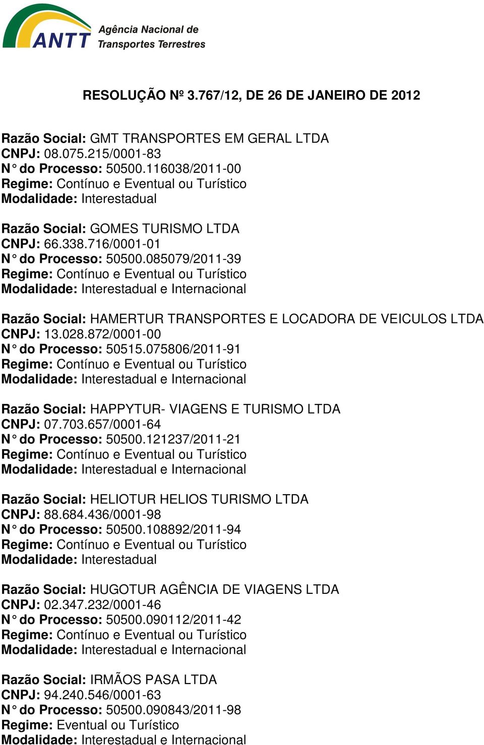 075806/2011-91 Razão Social: HAPPYTUR- VIAGENS E TURISMO LTDA CNPJ: 07.703.657/0001-64 N do Processo: 50500.121237/2011-21 Razão Social: HELIOTUR HELIOS TURISMO LTDA CNPJ: 88.684.