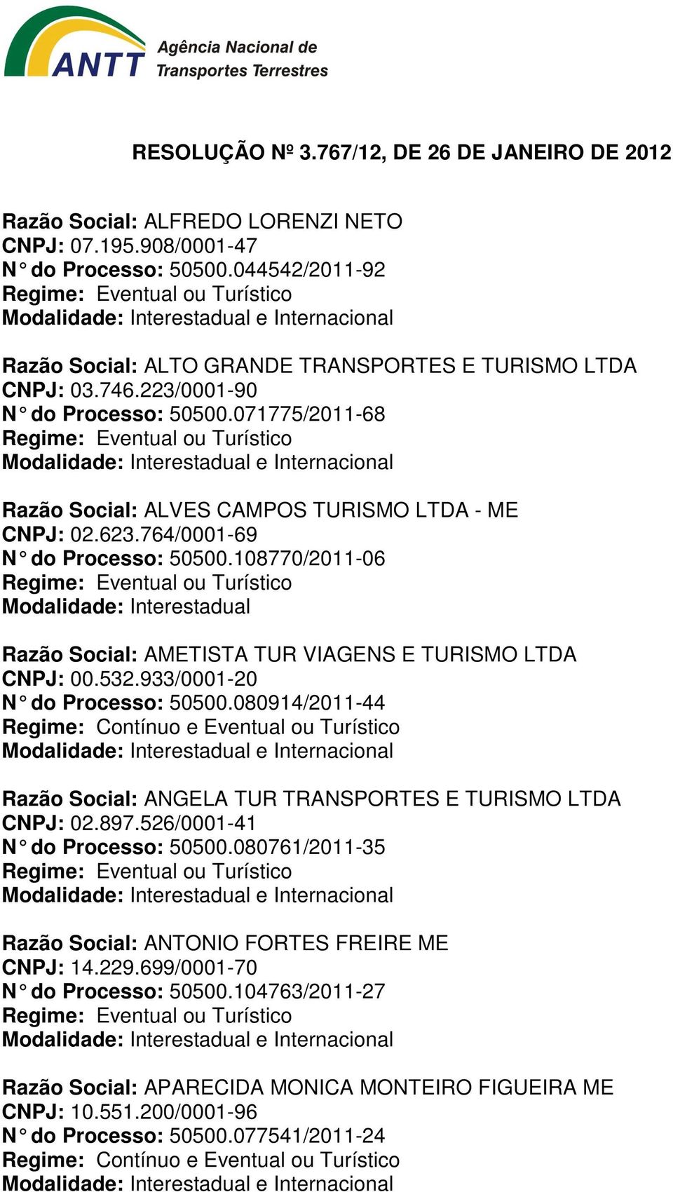 108770/2011-06 Razão Social: AMETISTA TUR VIAGENS E TURISMO LTDA CNPJ: 00.532.933/0001-20 N do Processo: 50500.080914/2011-44 Razão Social: ANGELA TUR TRANSPORTES E TURISMO LTDA CNPJ: 02.