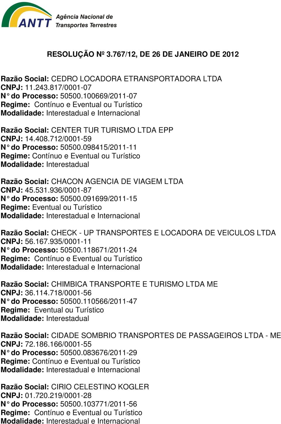 091699/2011-15 Razão Social: CHECK - UP TRANSPORTES E LOCADORA DE VEICULOS LTDA CNPJ: 56.167.935/0001-11 N do Processo: 50500.