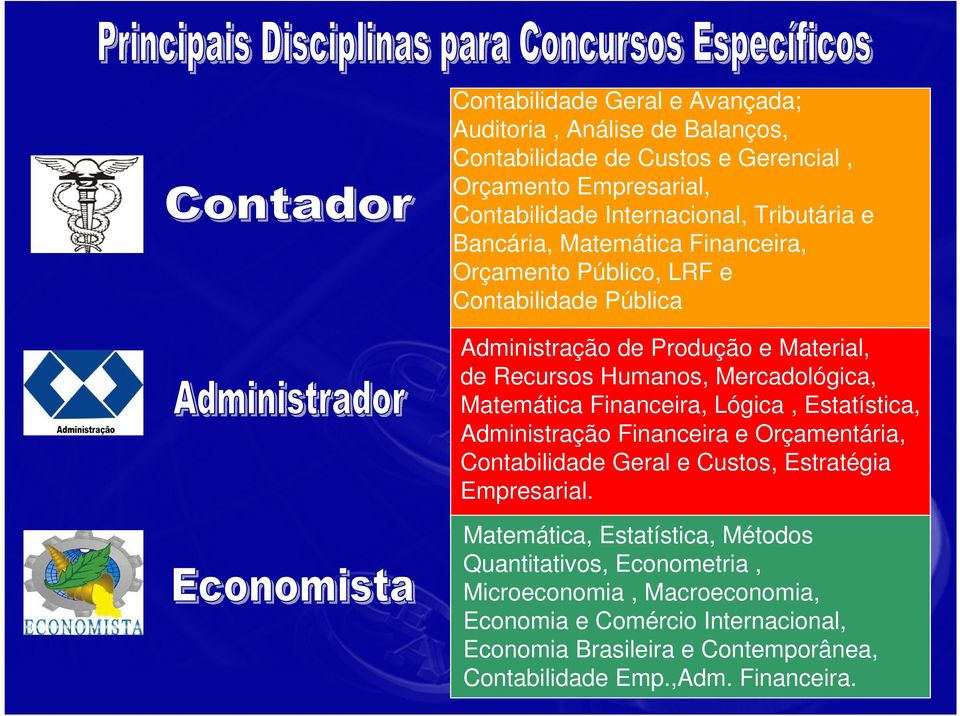 Matemática Financeira, Lógica, Estatística, Administração Financeira e Orçamentária, Contabilidade Geral e Custos, Estratégia Empresarial.