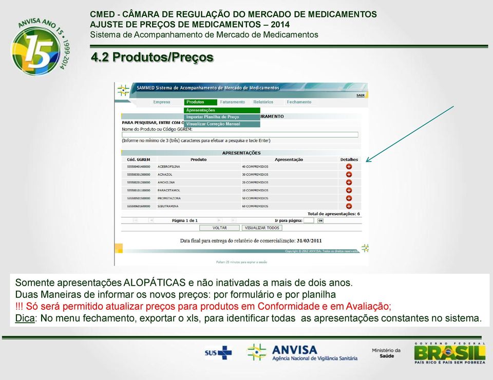 !! Só será permitido atualizar preços para produtos em Conformidade e em Avaliação;