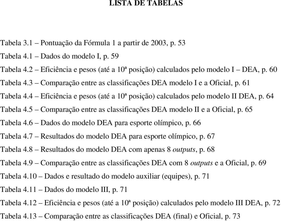 5 Comparação entre as classificações DEA modelo II e a Oficial, p. 65 Tabela 4.6 Dados do modelo DEA para esporte olímpico, p. 66 Tabela 4.7 Resultados do modelo DEA para esporte olímpico, p.