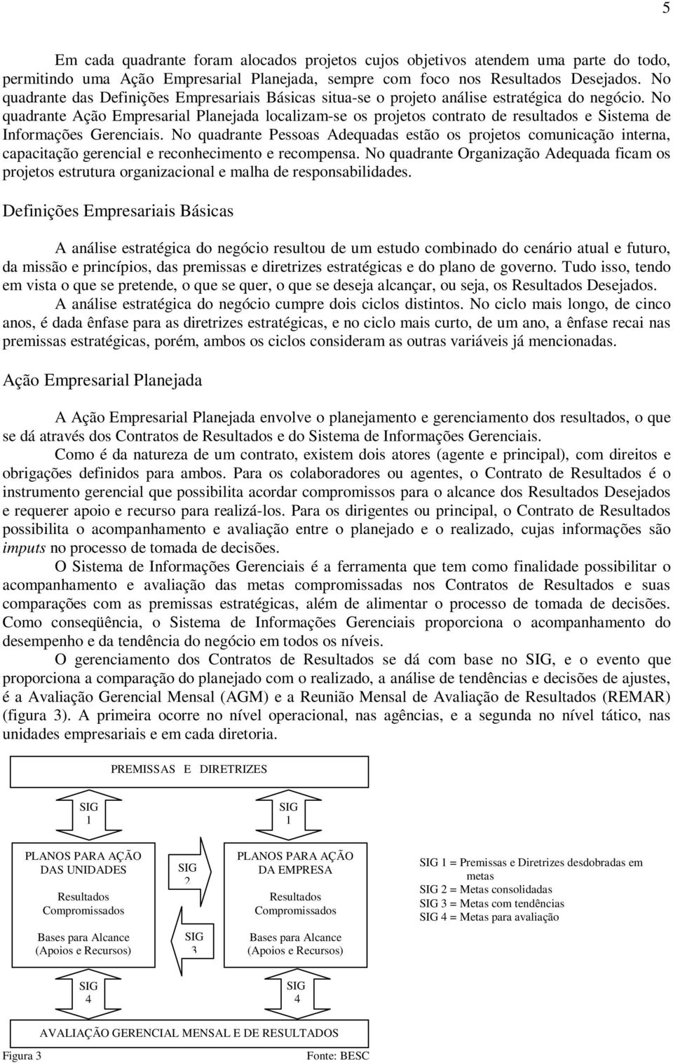 No quadrante Ação Empresarial Planejada localizam-se os projetos contrato de resultados e Sistema de Informações Gerenciais.