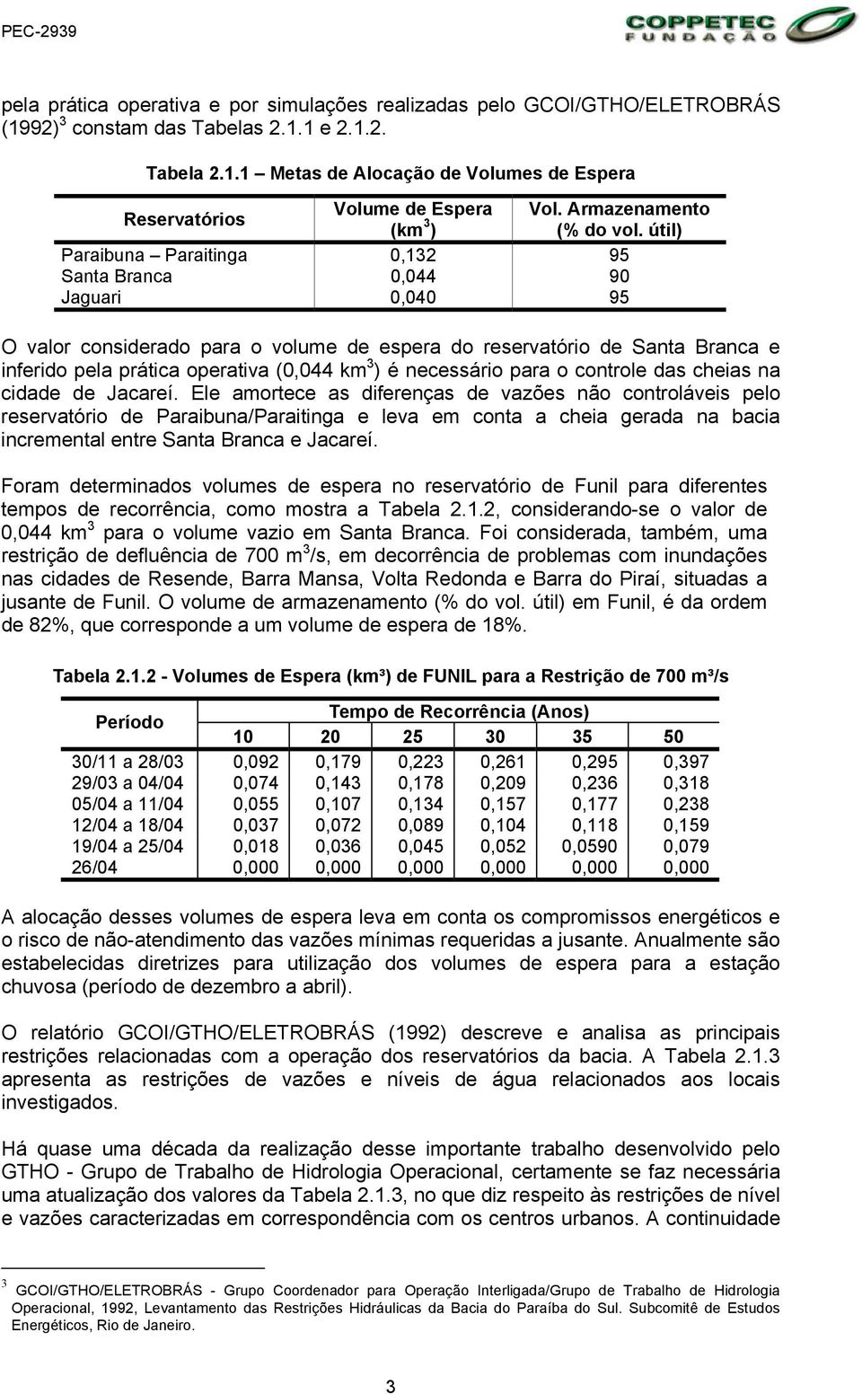 útil) Paraibuna Paraitinga 0,132 95 Santa Branca 0,044 90 Jaguari 0,040 95 O valor considerado para o volume de espera do reservatório de Santa Branca e inferido pela prática operativa (0,044 km 3 )