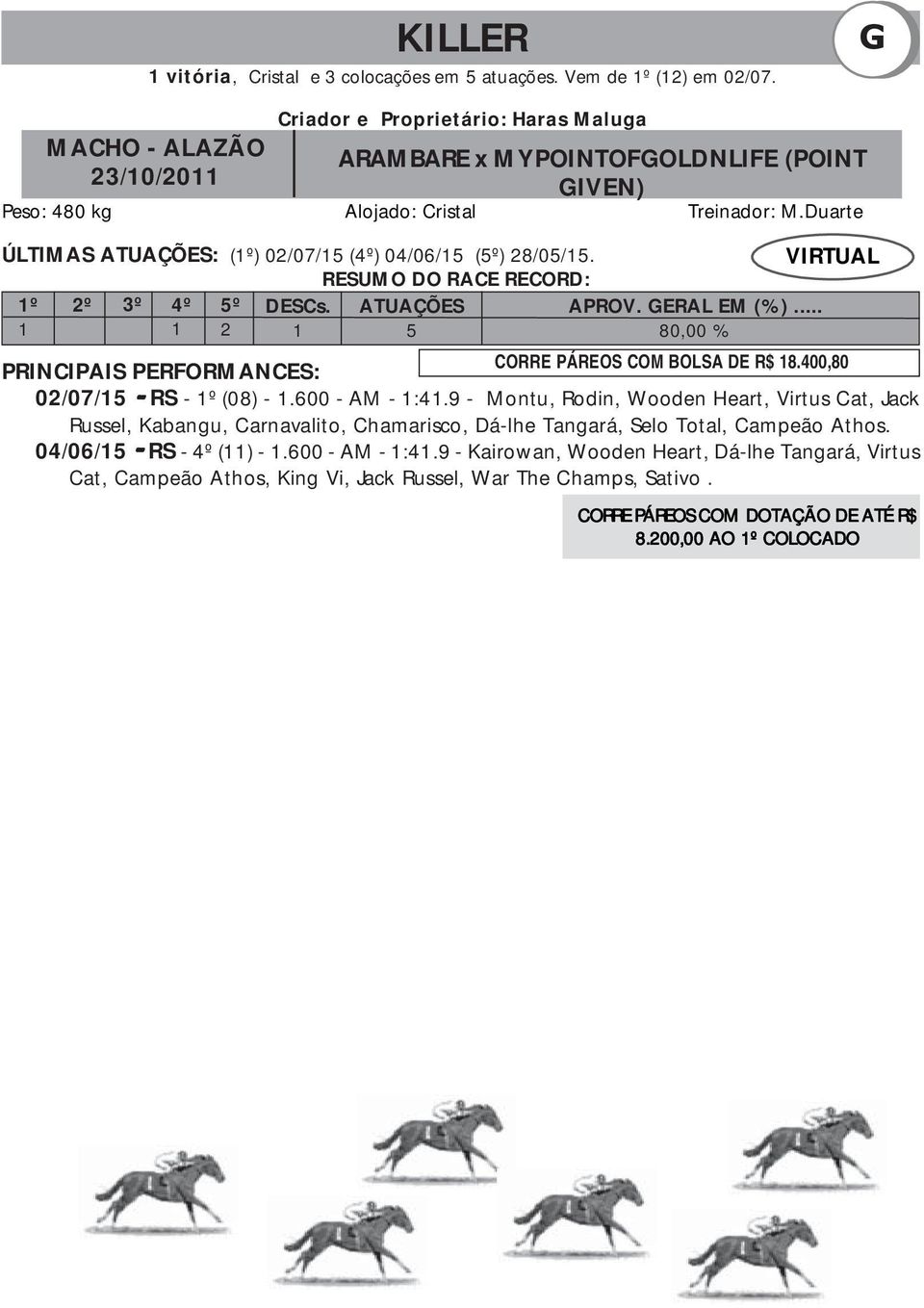 Duarte ÚLTIMAS ATUAÇÕES: (1º) 02/07/15 (4º) 04/06/15 (5º) 28/05/15. VIRTUAL RESUMO DO RACE RECORD: 1º 1 2º 3º 4º 1 5º 2 DESCs. 1 ATUAÇÕES 5 APROV. GERAL EM (%).