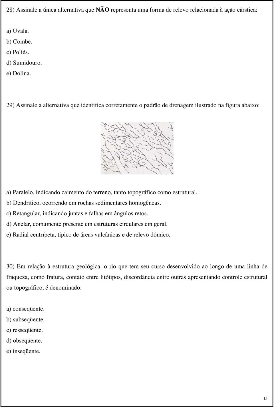 b) Dendrítico, ocorrendo em rochas sedimentares homogêneas. c) Retangular, indicando juntas e falhas em ângulos retos. d) Anelar, comumente presente em estruturas circulares em geral.