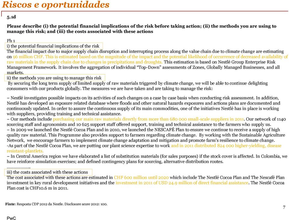 1 i) the potential financial implications of the risk The financial impact due to major supply chain disruption and interrupting process along the value chain due to climate change are estimating on