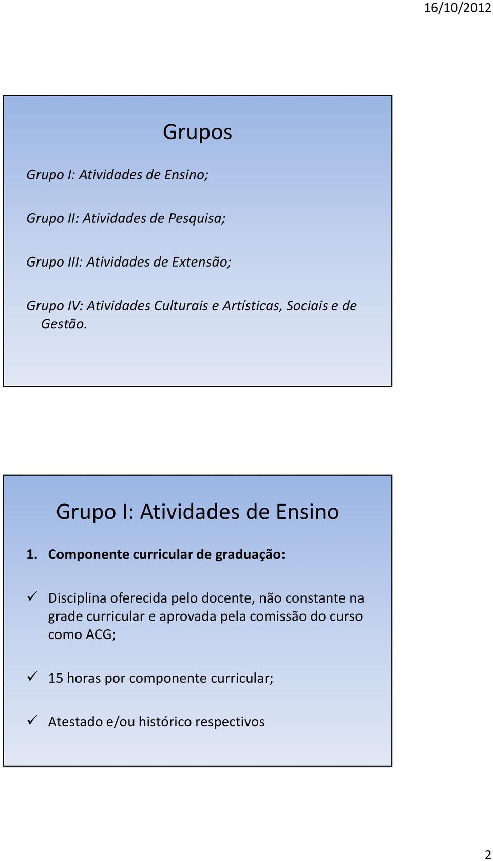 Componente curricular de graduação: Disciplina oferecida pelo docente, não constante na