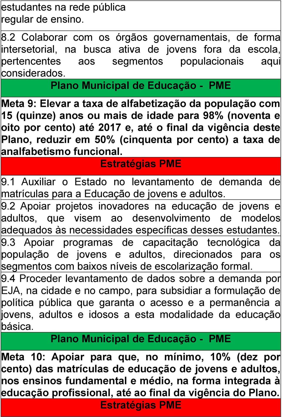 Meta 9: Elevar a taxa de alfabetização da população com 15 (quinze) anos ou mais de idade para 98% (noventa e oito por cento) até 2017 e, até o final da vigência deste Plano, reduzir em 50%