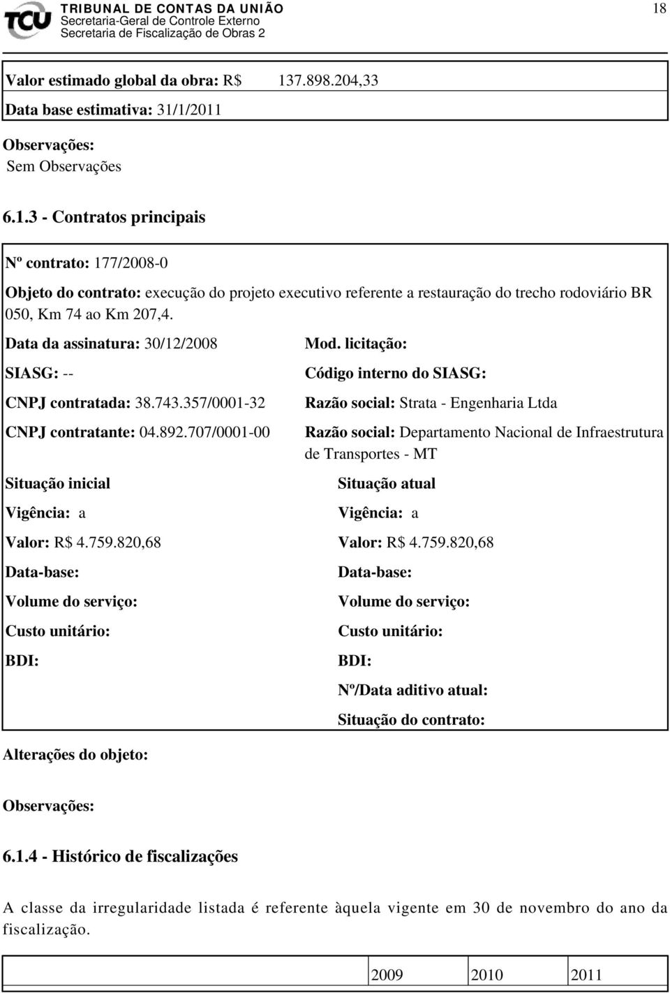 licitação: Código interno do SIASG: Razão social: Strata - Engenharia Ltda Razão social: Departamento Nacional de Infraestrutura de Transportes - MT Situação atual Vigência: a Valor: R$ 4.759.