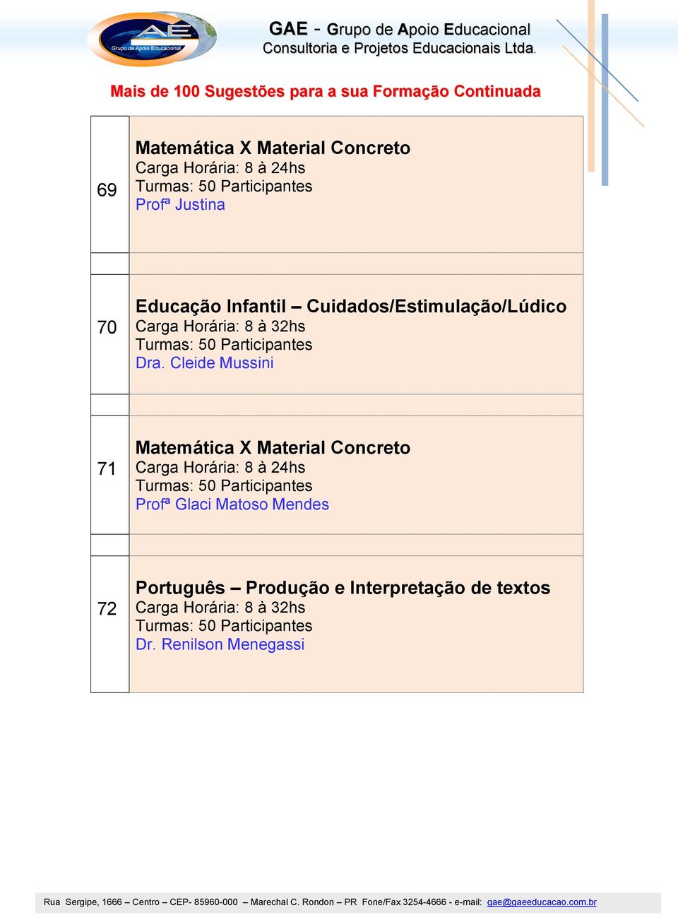 Cleide Mussini 71 Matemática X Material Concreto Carga Horária: 8 à 24hs Turmas: 50 Participantes