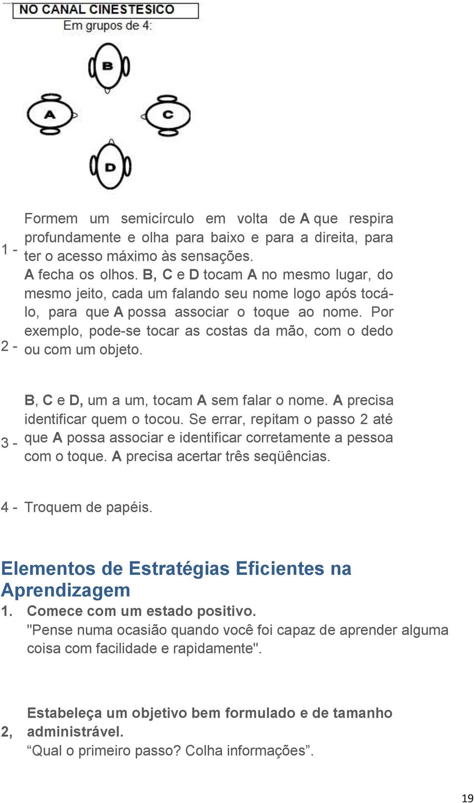 Por exemplo, pode-se tocar as costas da mão, com o dedo ou com um objeto. 3 - B, C e D, um a um, tocam A sem falar o nome. A precisa identificar quem o tocou.