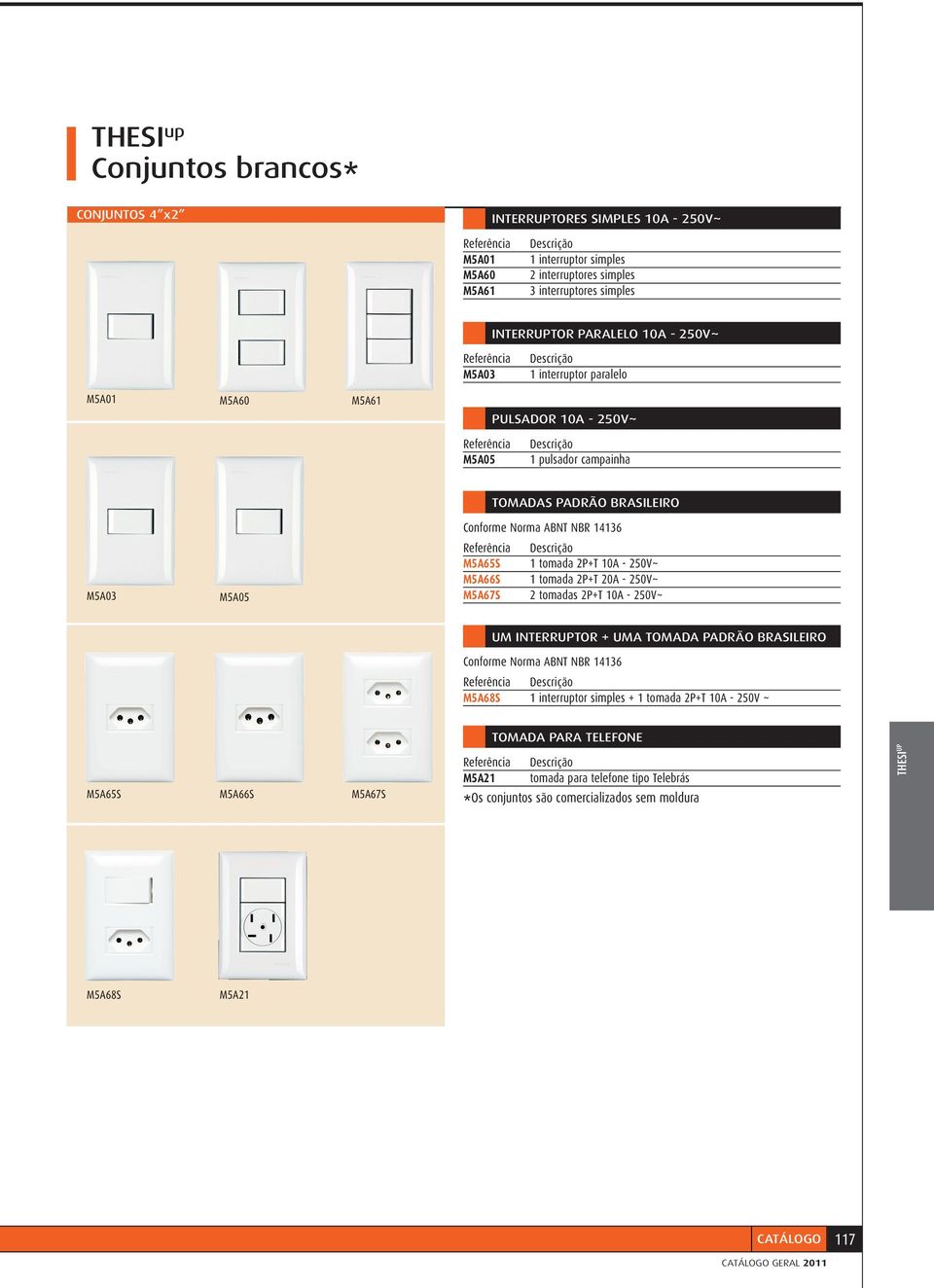 - 250V~ M5A66S 1 tomada 2P+T 20A - 250V~ M5A67S 2 tomadas 2P+T 10A - 250V~ UM INTERRUPTOR + UMA TOMADA PADRÃO BRASILEIRO Conforme Norma ABNT NBR 14136 M5A68S 1 interruptor simples + 1 tomada