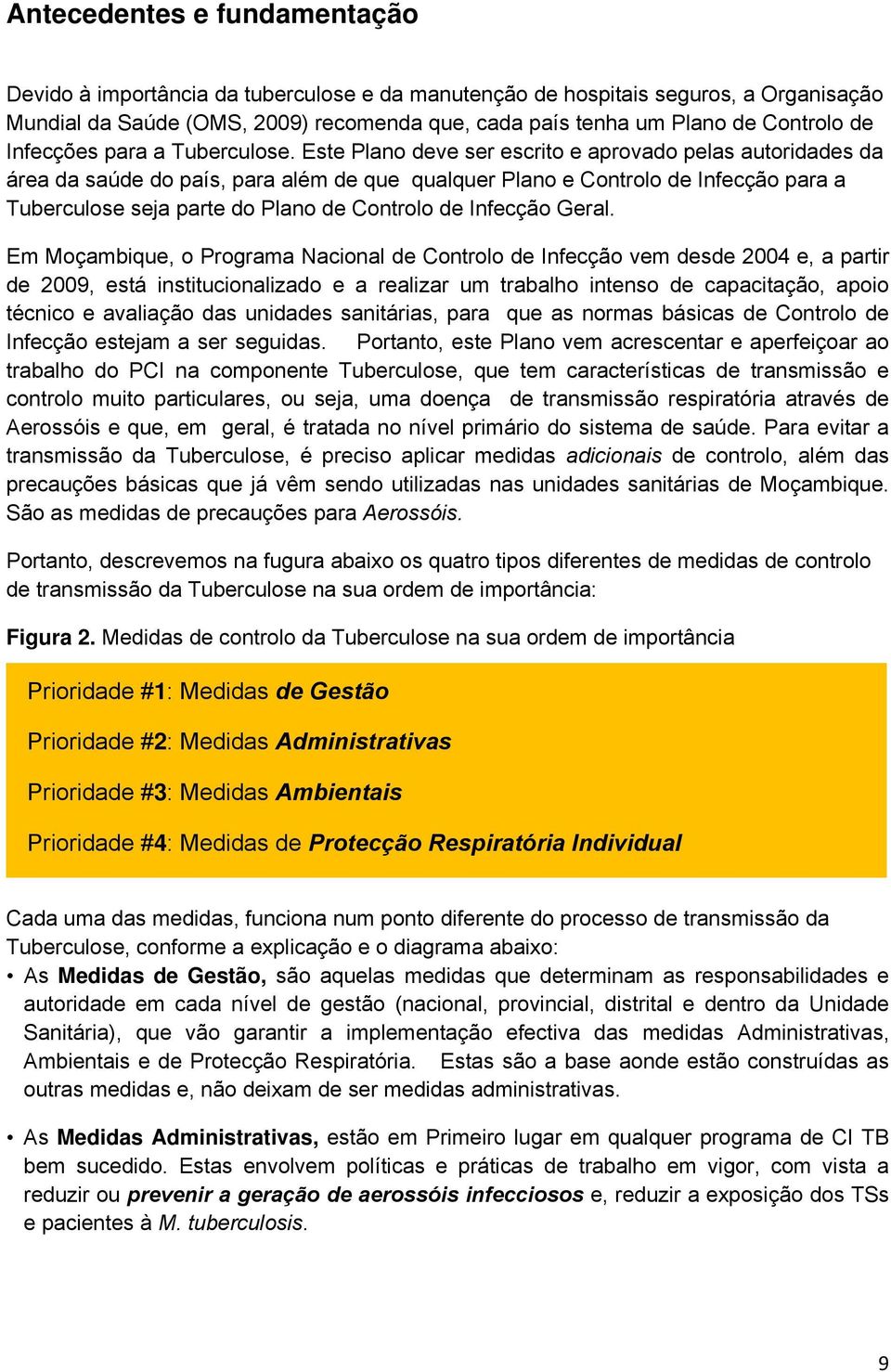 Este Plano deve ser escrito e aprovado pelas autoridades da área da saúde do país, para além de que qualquer Plano e Controlo de Infecção para a Tuberculose seja parte do Plano de Controlo de