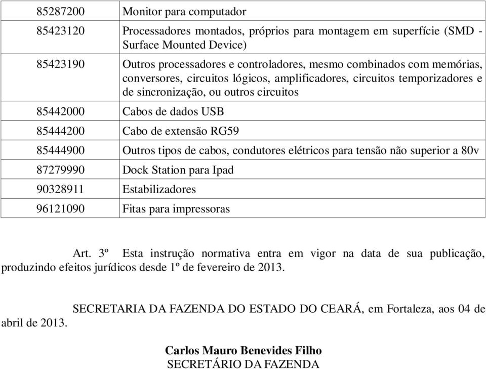 Outros tipos de cabos, condutores elétricos para tensão não superior a 80v 87279990 Dock Station para Ipad 90328911 Estabilizadores 96121090 Fitas para impressoras Art.