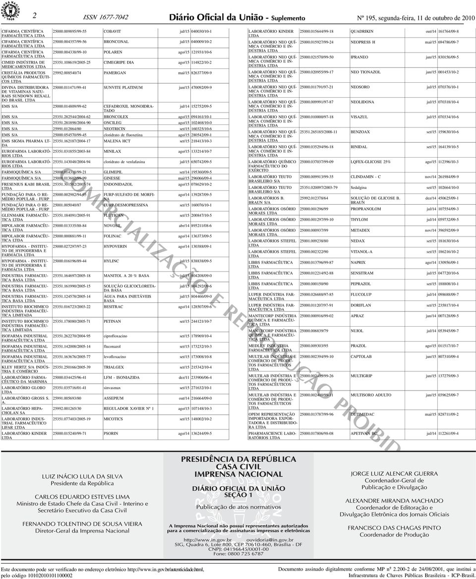 ago/15 11 4 8 2 2 / 1 0-2 CRISTÁLIA PRODUTOS 25992008540/74 PA M E R G A N mai/15 826377/09-9 QUÍMICOS FARMACÊUTI- COS LTDA DIVINA DISTRIBUIDORA DE VITAMINAS NATU- RAIS SUNDOWN REXALL DO BRASIL LTDA