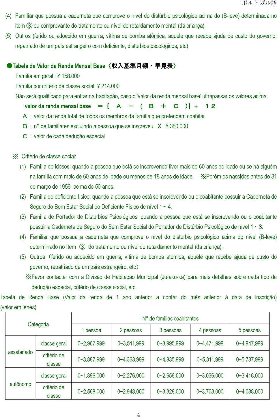 de Valor da Renda Mensal Base 収 入 基 準 月 額 早 見 表 Família em geral : 158.000 Família por critério de classe social: 214.