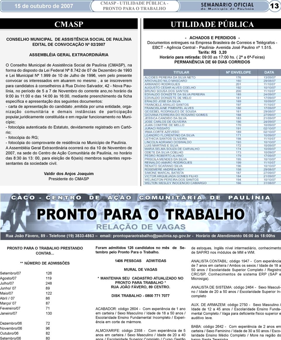 999 de 10 de Julho de 1996, vem pelo presente convocar os interessados em atuarem no mesmo, a se inscreverem para candidatos à conselheiros à Rua Divino Salvador, 42 - Nova Paulínia, no período de 5