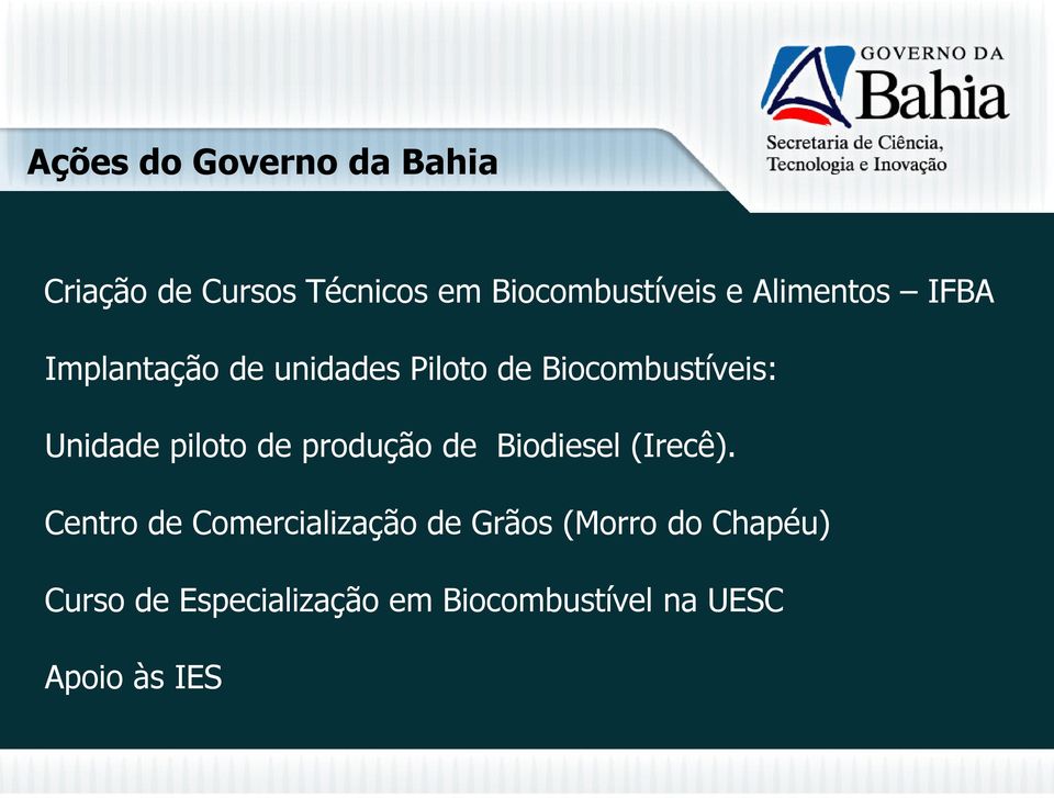 piloto de produção de Biodiesel (Irecê).