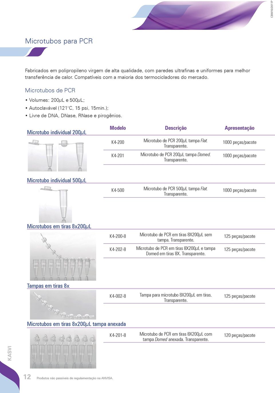 Microtubo individual 200µL Modelo Descrição Apresentação K4-200 Microtubo de PCR 200µL tampa Flat. 1000 peças/pacote Transparente. K4-201 Microtubo de PCR 200µL tampa Domed.