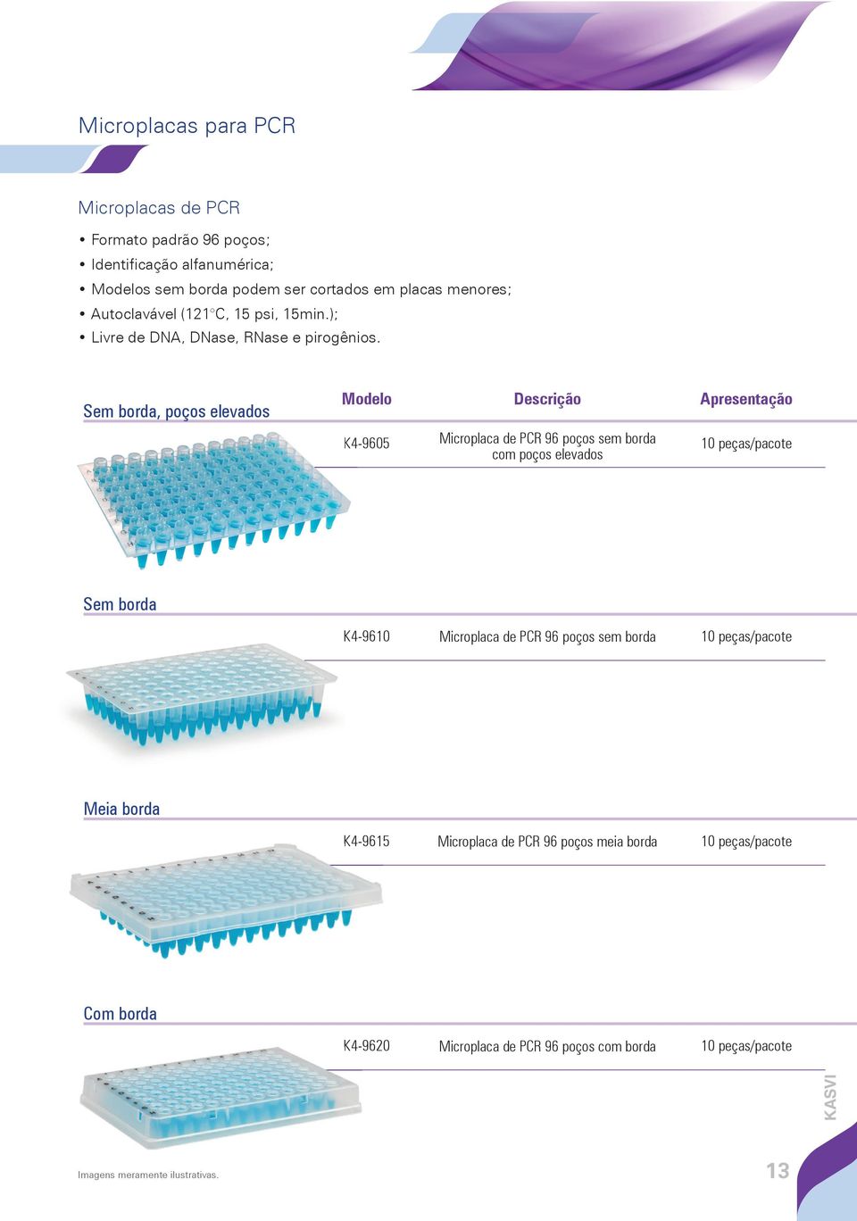 Sem borda, poços elevados Modelo Descrição Apresentação K4-9605 Microplaca de PCR 96 poços sem borda 10 peças/pacote com poços elevados Sem borda K4-9610