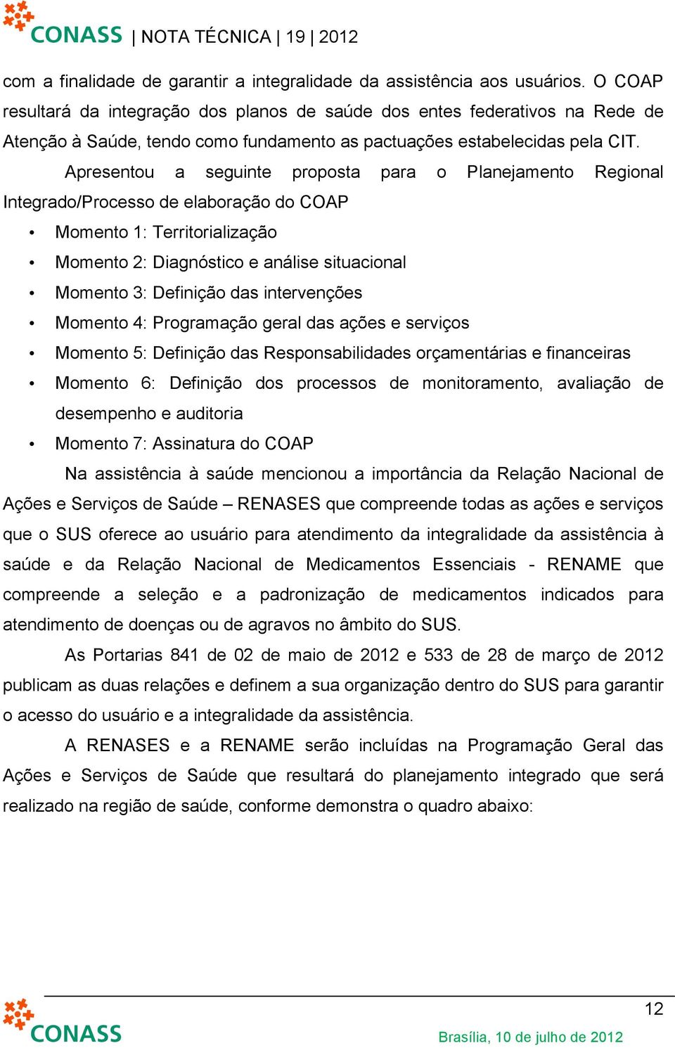 Apresentou a seguinte proposta para o Planejamento Regional Integrado/Processo de elaboração do COAP Momento 1: Territorialização Momento 2: Diagnóstico e análise situacional Momento 3: Definição das