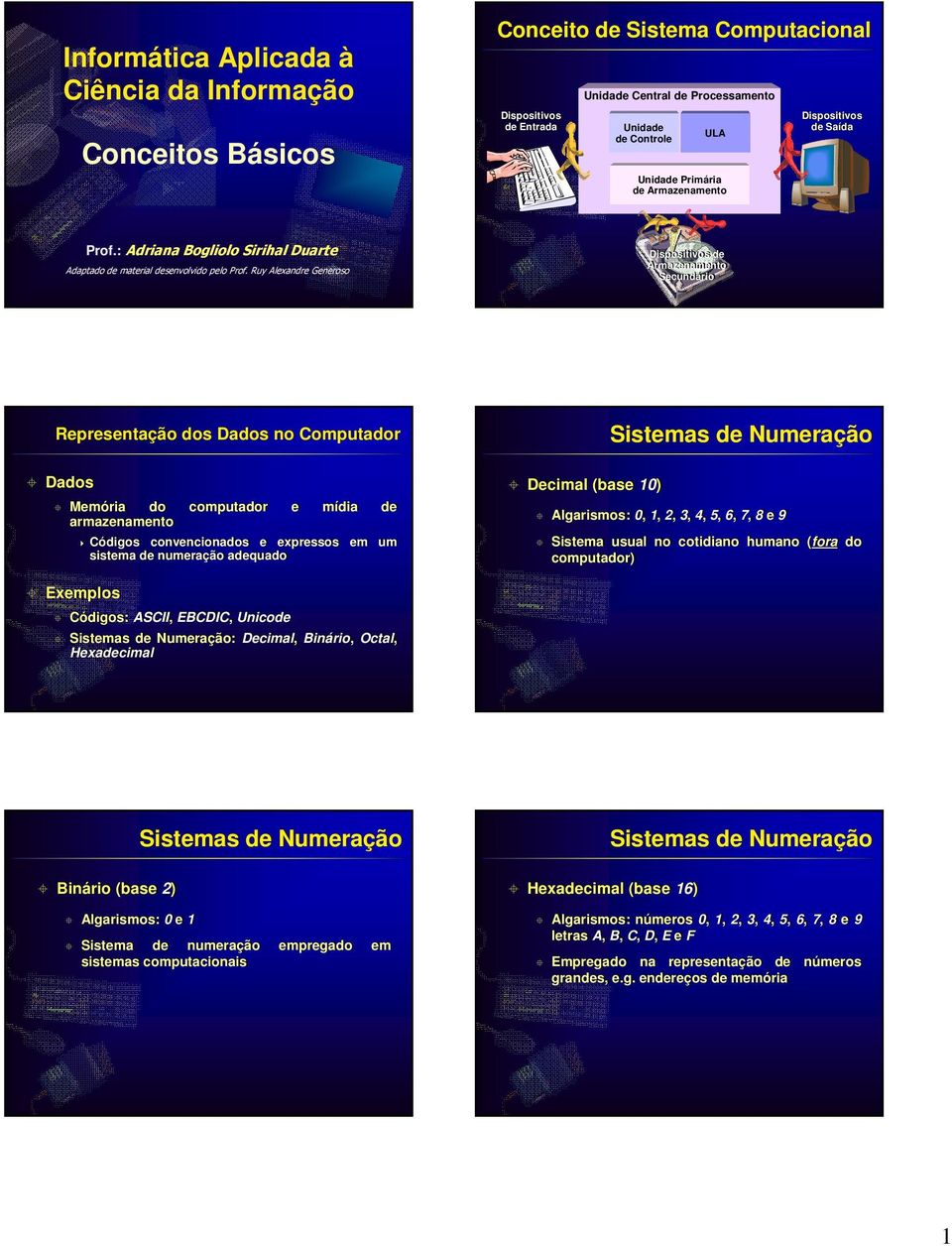 Ruy Alexandre Generoso Dispositivos de Armazenamento Secundário Representação dos Dados no Computador Dados Memória do computador e mídia de armazenamento Códigos convencionados e expressos em um