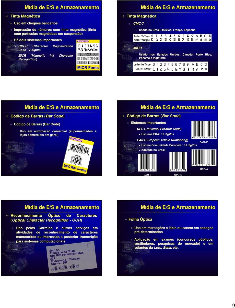 Barras (Bar Code) Código de Barras (Bar Code) Uso em automação comercial (supermercados e lojas comerciais em geral) Código de Barras (Bar Code) Sistemas importantes UPC (Universal Product Code) Uso