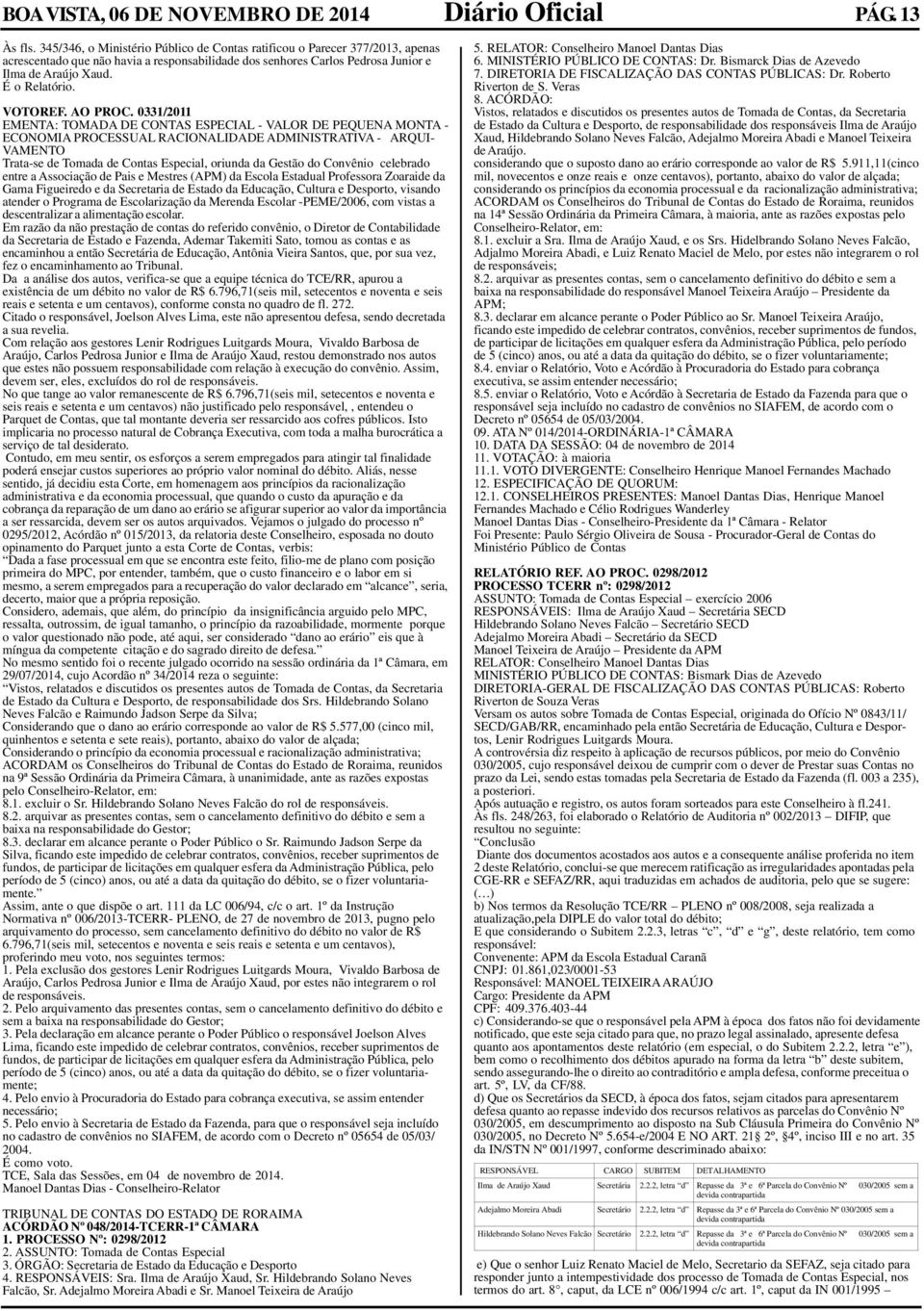 0331/2011 EMENTA: TOMADA DE CONTAS ESPECIAL - VALOR DE PEQUENA MONTA - ECONOMIA PROCESSUAL RACIONALIDADE ADMINISTRATIVA - ARQUI- VAMENTO Trata-se de Tomada de Contas Especial, oriunda da Gestão do