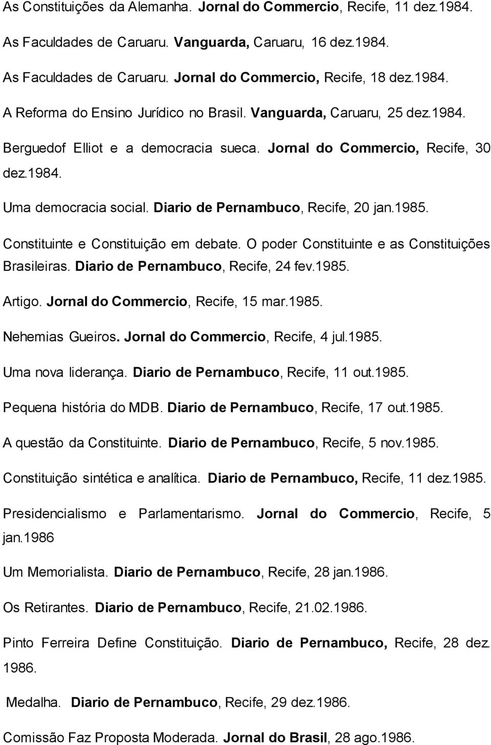 Constituinte e Constituição em debate. O poder Constituinte e as Constituições Brasileiras. Diario de Pernambuco, Recife, 24 fev.1985. Artigo. Jornal do Commercio, Recife, 15 mar.1985. Nehemias Gueiros.