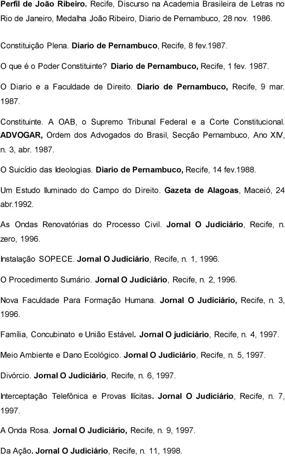 ADVOGAR, Ordem dos Advogados do Brasil, Secção Pernambuco, Ano XIV, n. 3, abr. 1987. O Suicídio das Ideologias. Diario de Pernambuco, Recife, 14 fev.1988. Um Estudo Iluminado do Campo do Direito.