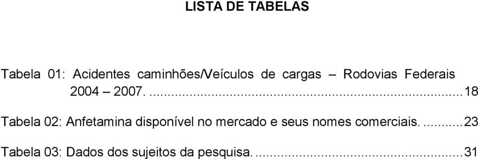 ... 18 Tabela 02: Anfetamina disponível no mercado e