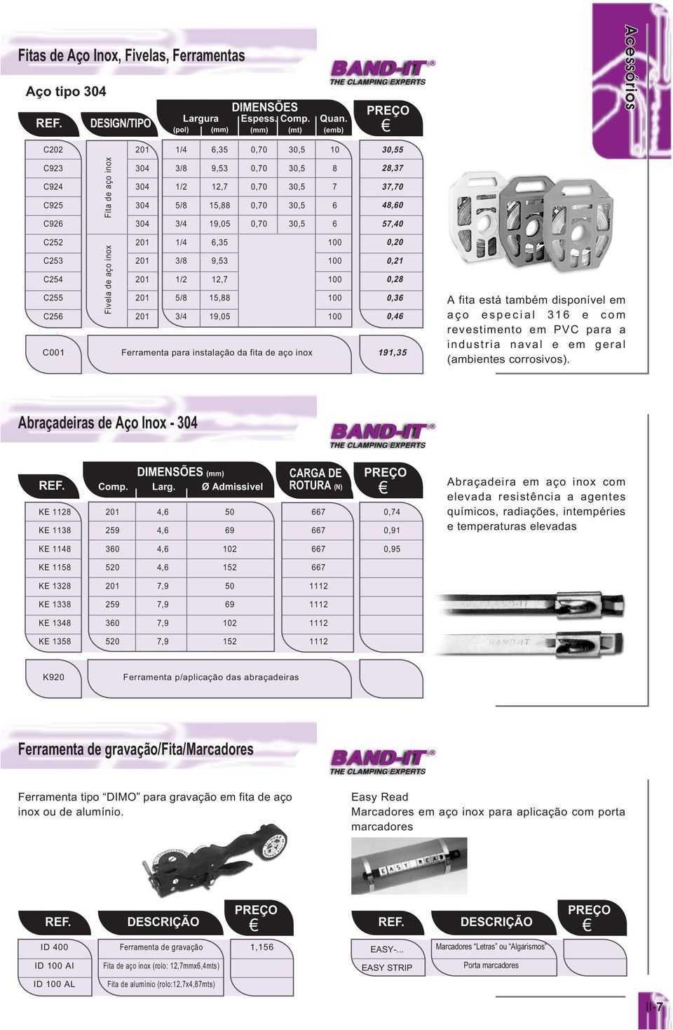 3/4,35 9,53 12,7 15,,05 Ferramenta para instalação da fita de aço inox 0, 0,21 0,2 0,3 0,4 1,35 A fita está também disponível em a ç o e s p e c i a l 3 1 e c o m revestimento em PVC para a industria