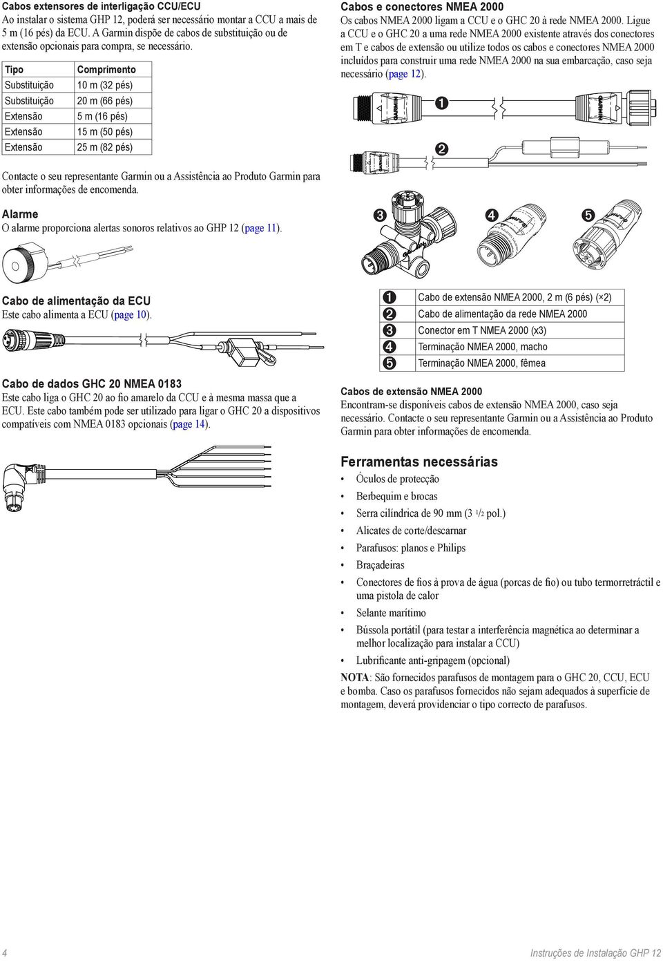 Tipo Substituição Substituição Extensão Extensão Extensão Comprimento 10 m (32 pés) 20 m (66 pés) 5 m (16 pés) 15 m (50 pés) 25 m (82 pés) Contacte o seu representante Garmin ou a Assistência ao