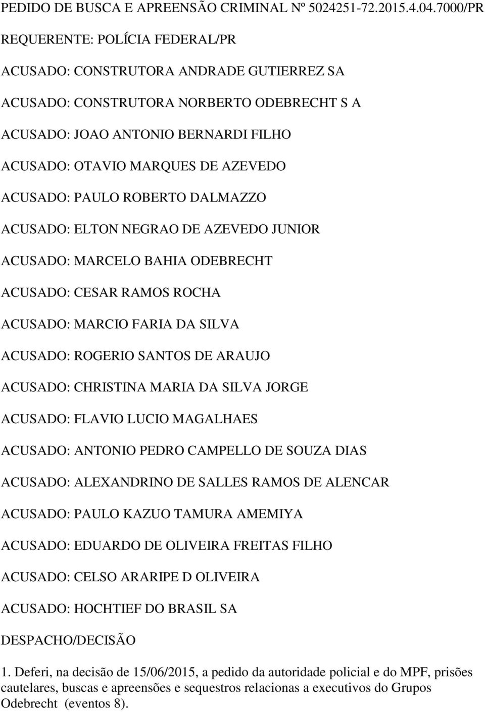 ACUSADO: PAULO ROBERTO DALMAZZO ACUSADO: ELTON NEGRAO DE AZEVEDO JUNIOR ACUSADO: MARCELO BAHIA ODEBRECHT ACUSADO: CESAR RAMOS ROCHA ACUSADO: MARCIO FARIA DA SILVA ACUSADO: ROGERIO SANTOS DE ARAUJO