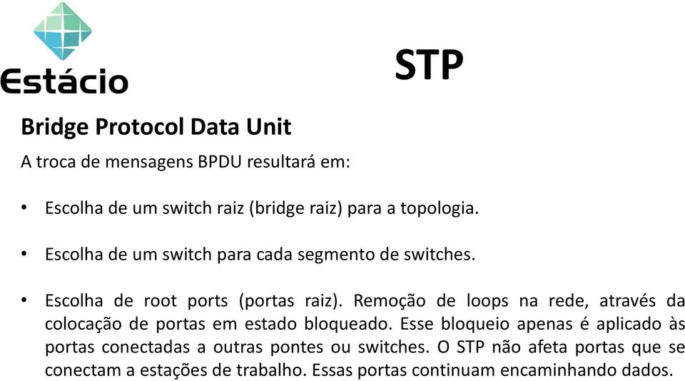 Remoção de loops na rede, através da colocação de portas em estado bloqueado.