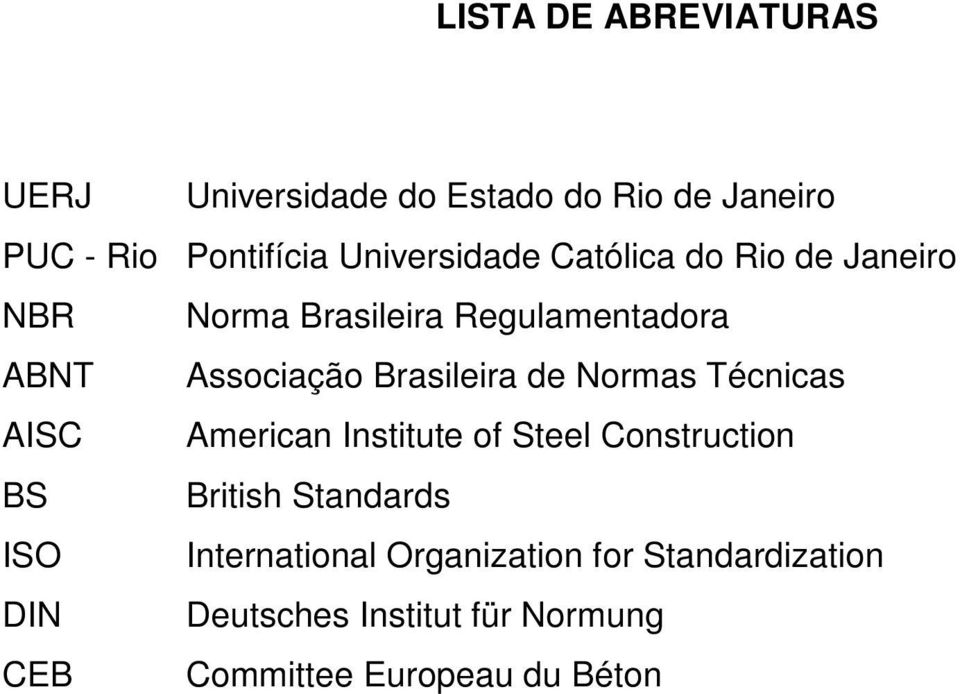 Brasileira de Normas Técnicas AISC American Institute of Steel Construction BS British Standards