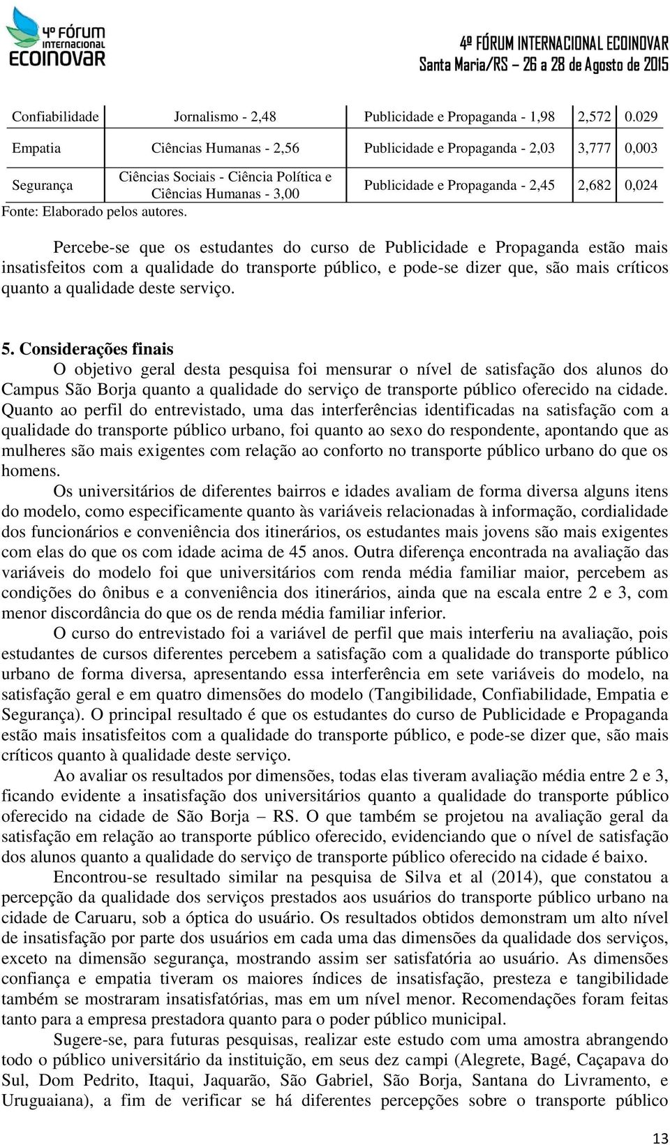 Percebe-se que os estudantes do curso de Publicidade e Propaganda estão mais insatisfeitos com a qualidade do transporte público, e pode-se dizer que, são mais críticos quanto a qualidade deste