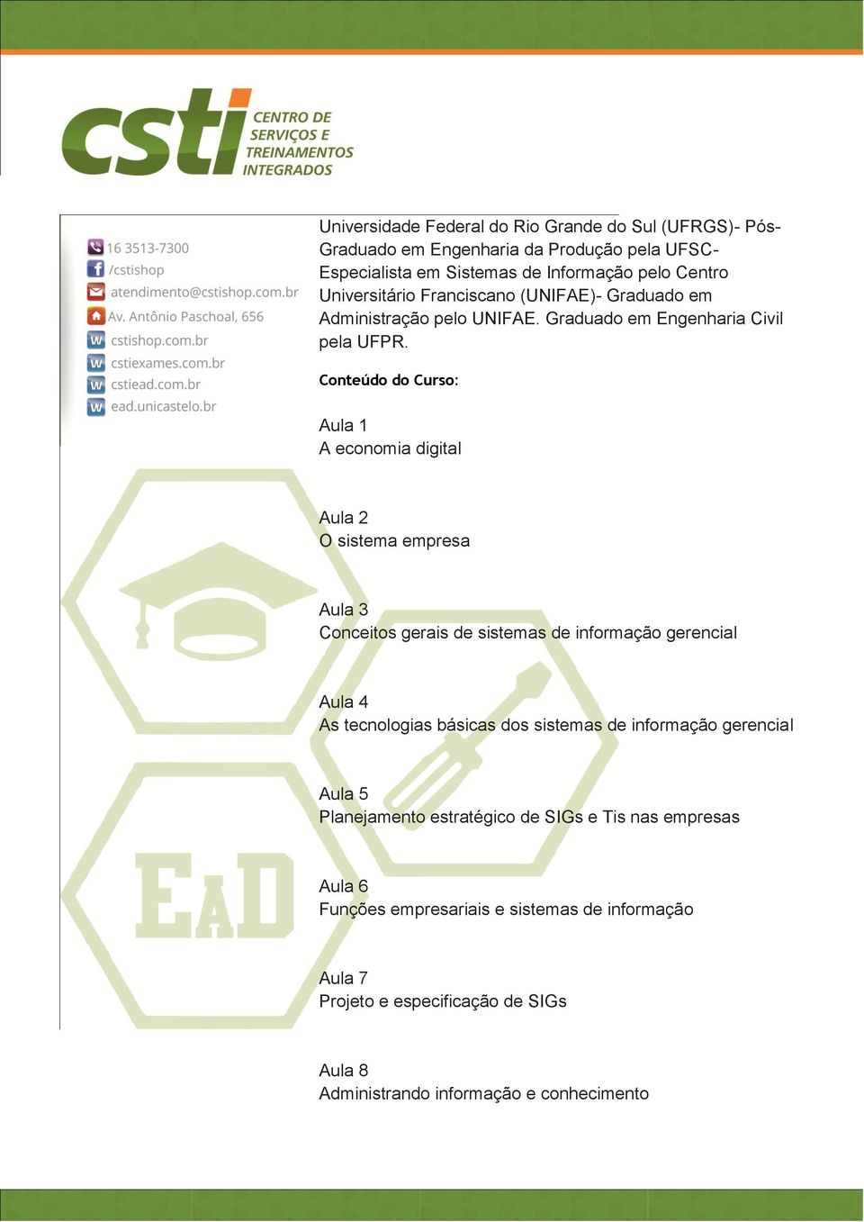 Conteúdo do Curso: Aula 1 A economia digital Aula 2 O sistema empresa Aula 3 Conceitos gerais de sistemas de informação gerencial Aula 4 As tecnologias básicas dos