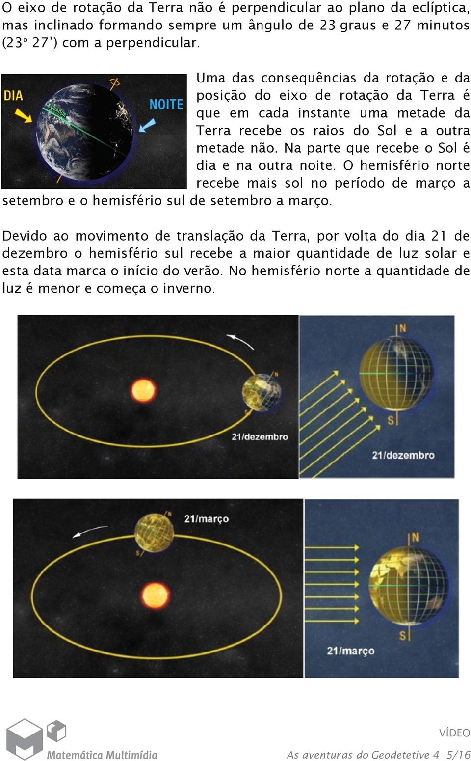 Na parte que recebe o Sol é dia e na outra noite. O hemisfério norte recebe mais sol no período de março a setembro e o hemisfério sul de setembro a março.