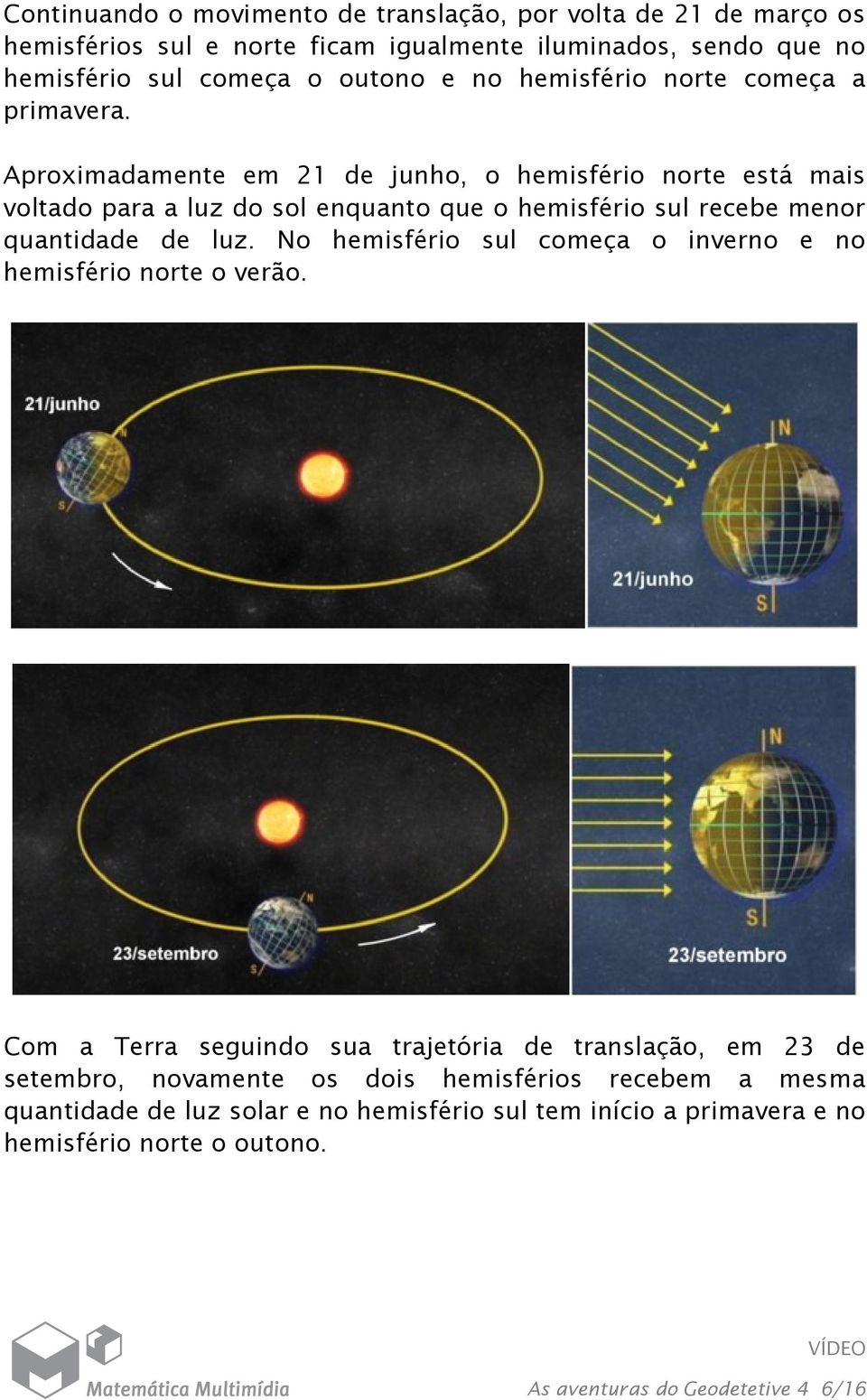 Aproximadamente em 21 de junho, o hemisfério norte está mais voltado para a luz do sol enquanto que o hemisfério sul recebe menor quantidade de luz.