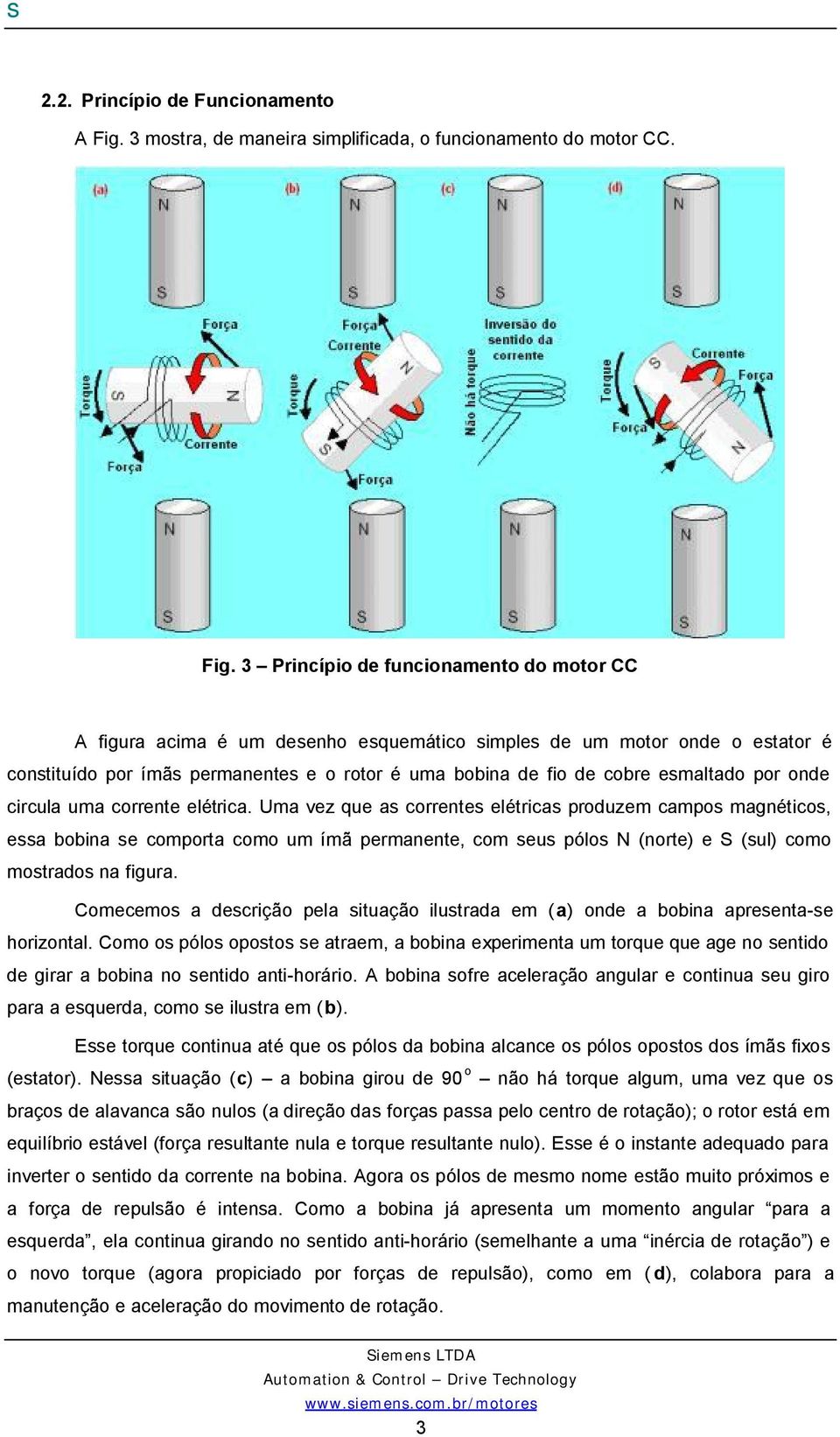 3 Princípio de funcionamento do motor CC A figura acima é um desenho esquemático simples de um motor onde o estator é constituído por ímãs permanentes e o rotor é uma bobina de fio de cobre esmaltado