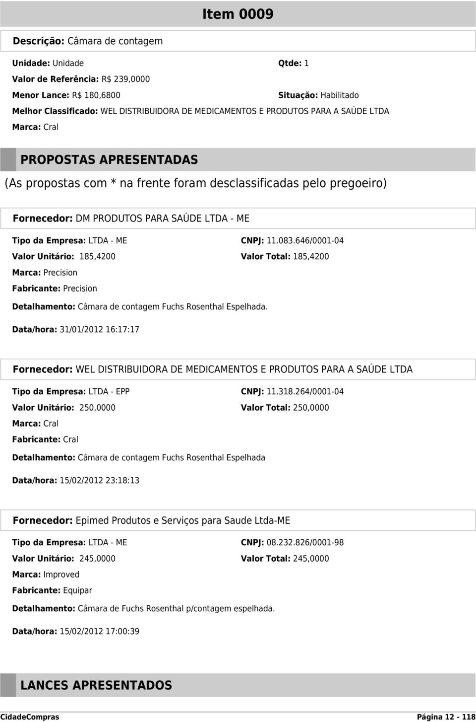 646/0001-04 Valor Unitário: 185,4200 Valor Total: 185,4200 Marca: Precision Fabricante: Precision Detalhamento: Câmara de contagem Fuchs Rosenthal Espelhada.