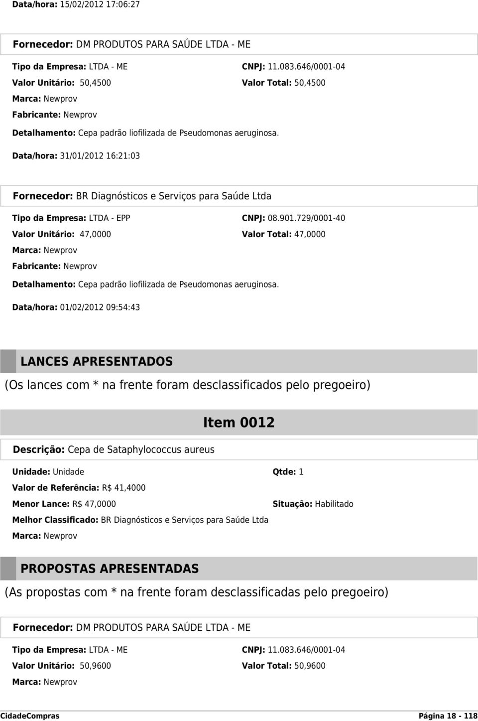 Data/hora: 31/01/2012 16:21:03 Fornecedor: BR Diagnósticos e Serviços para Saúde Ltda Tipo da Empresa: LTDA - EPP CNPJ: 08.901.