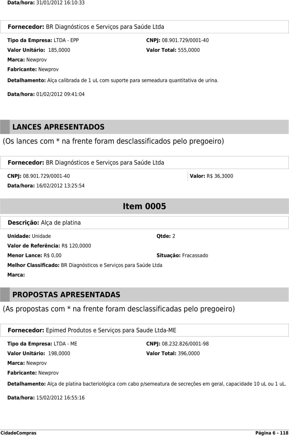 Data/hora: 01/02/2012 09:41:04 LANCES APRESENTADOS (Os lances com * na frente foram desclassificados pelo pregoeiro) Fornecedor: BR Diagnósticos e Serviços para Saúde Ltda CNPJ: 08.901.