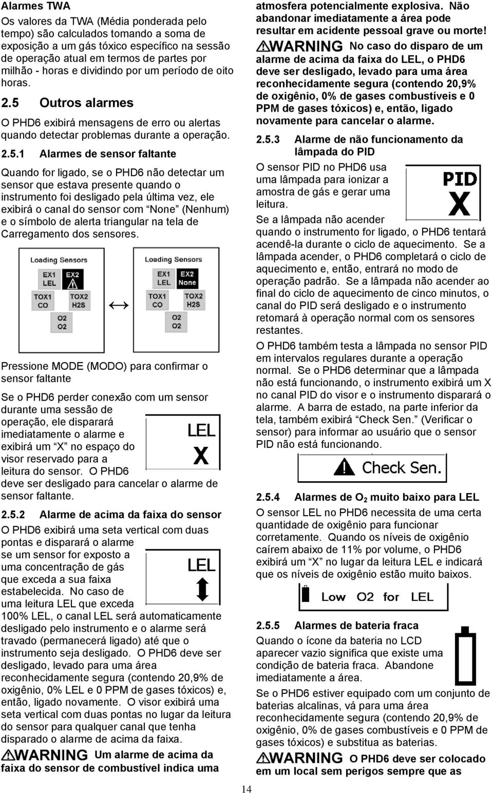 Outros alarmes O PHD6 exibirá mensagens de erro ou alertas quando detectar problemas durante a operação. 2.5.